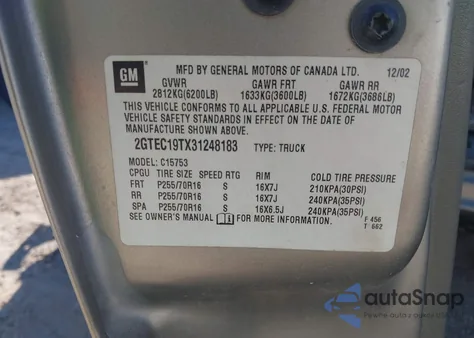 2003 GMC Sierra 1500 Slt из США, поврежденный, VIN 2GTEC19TX31248183